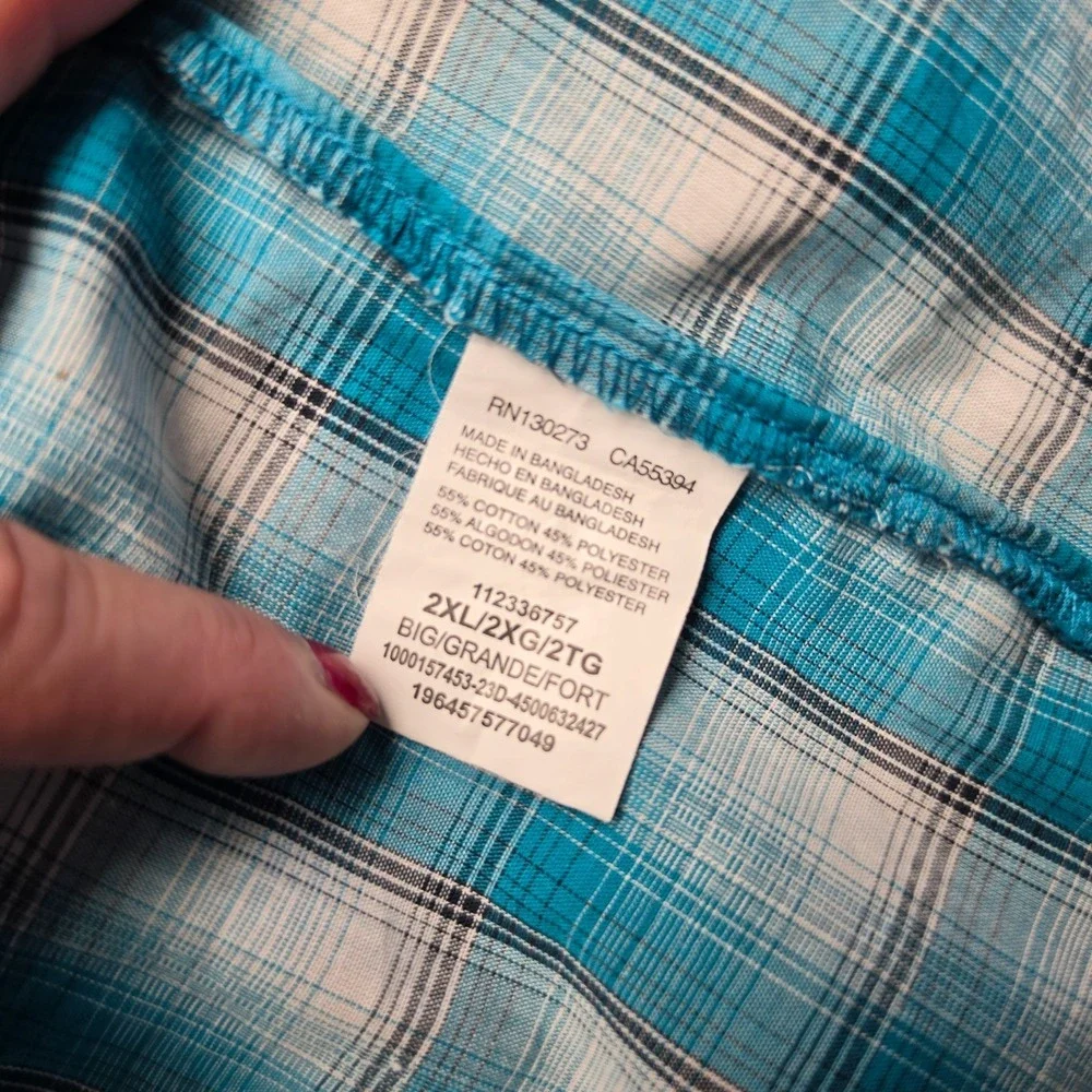 Wrangler Pearl Snap Shirt Mens 2XL Plaid Turquoise Blue Short Sleeve Western